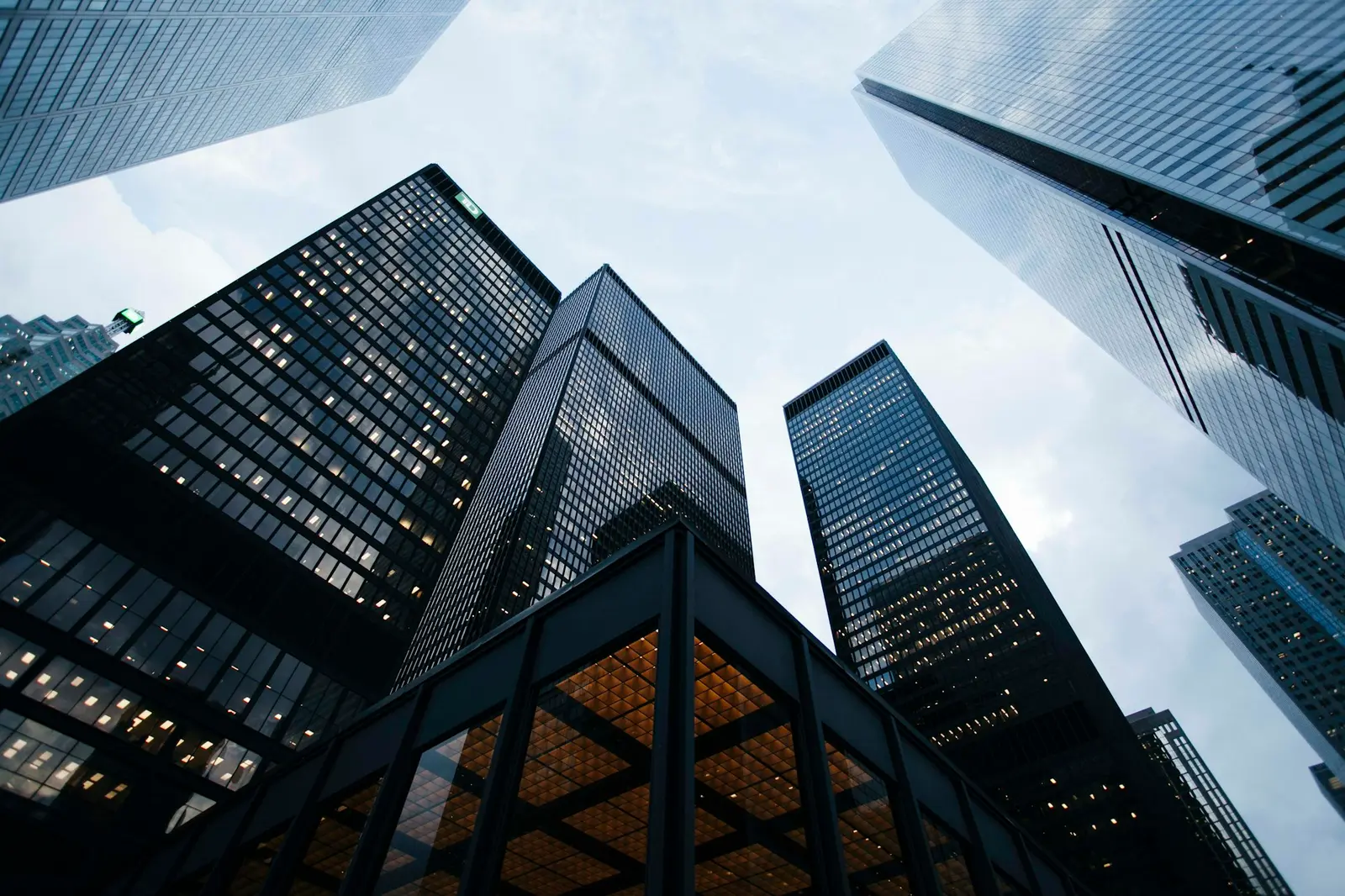 Glass office building viewed from below